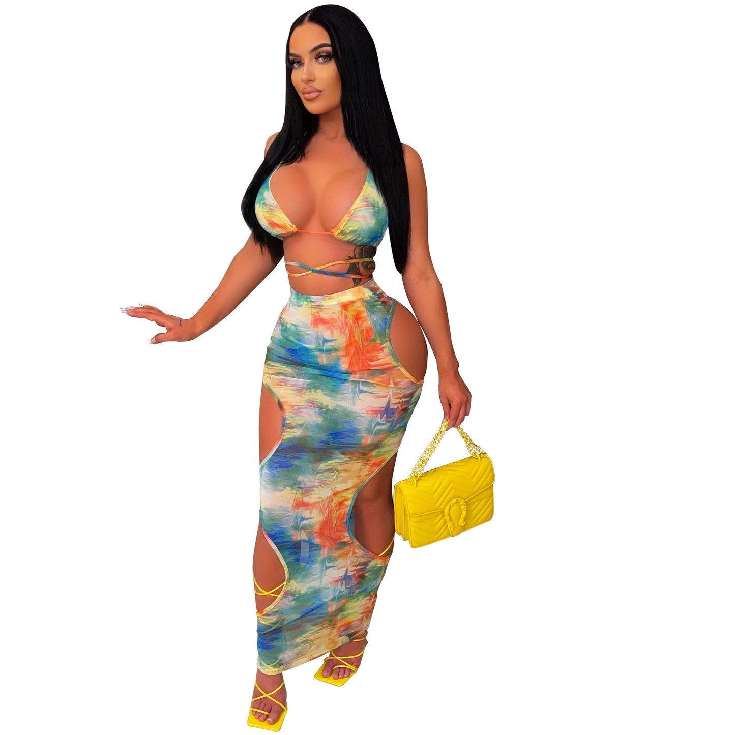Ladies Fashion Lace Up Mesh Print Dress Two Piece Set