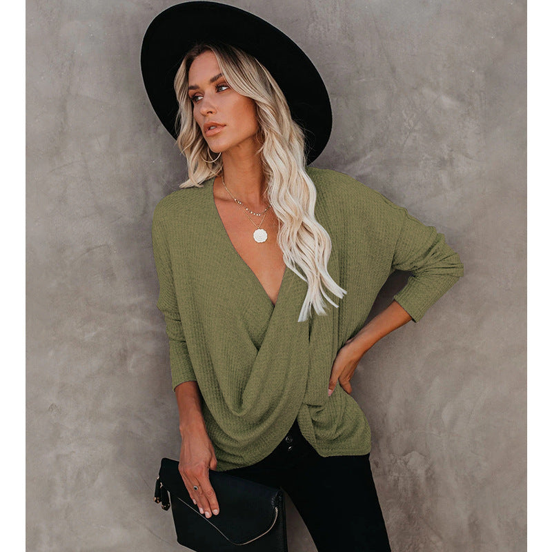 Casual Solid Color Long Sleeve V-Neck T-Shirt Top