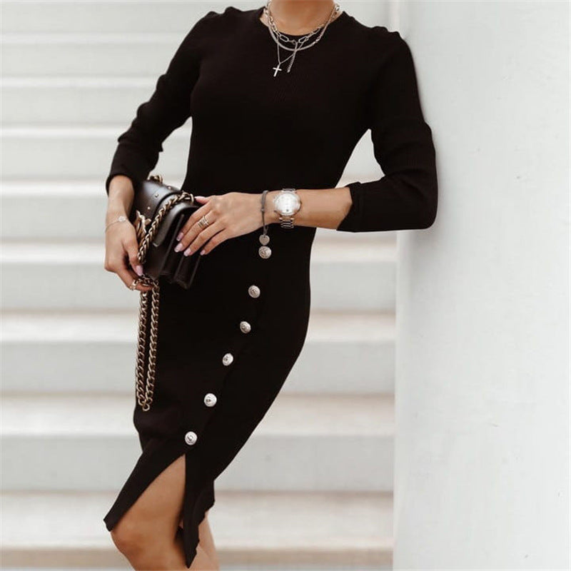 Ladies' Temperament Split Button Knit Skirt