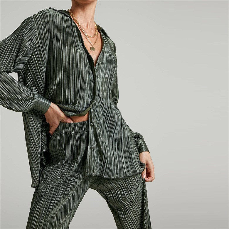 Women's Solid Color Drape Loose Silky Pleated Casual Two-Piece Set