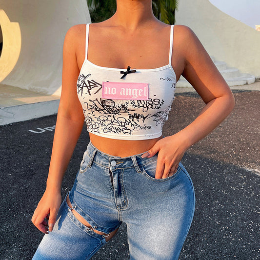 Women's Graffiti Suspenders Cropped One Shoulder Top