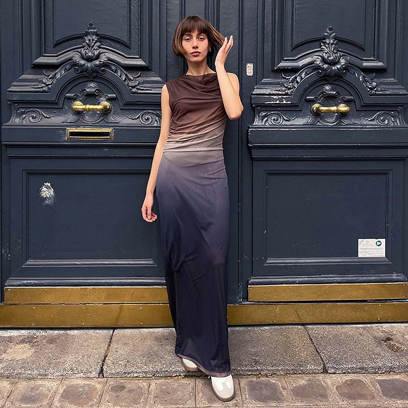 Round Neck Sleeveless Tie-dyed Mesh Long Dress