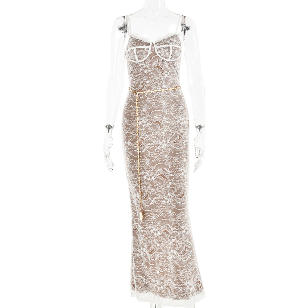 New Lace Splicing Sling Long Dress