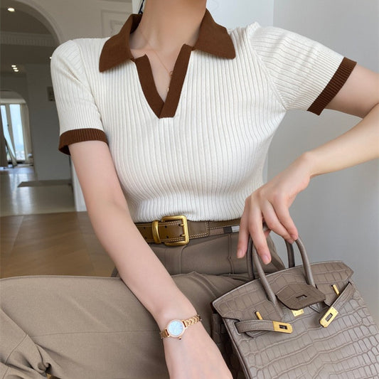 Contrast Color V Neck Short Sleeved Sweater