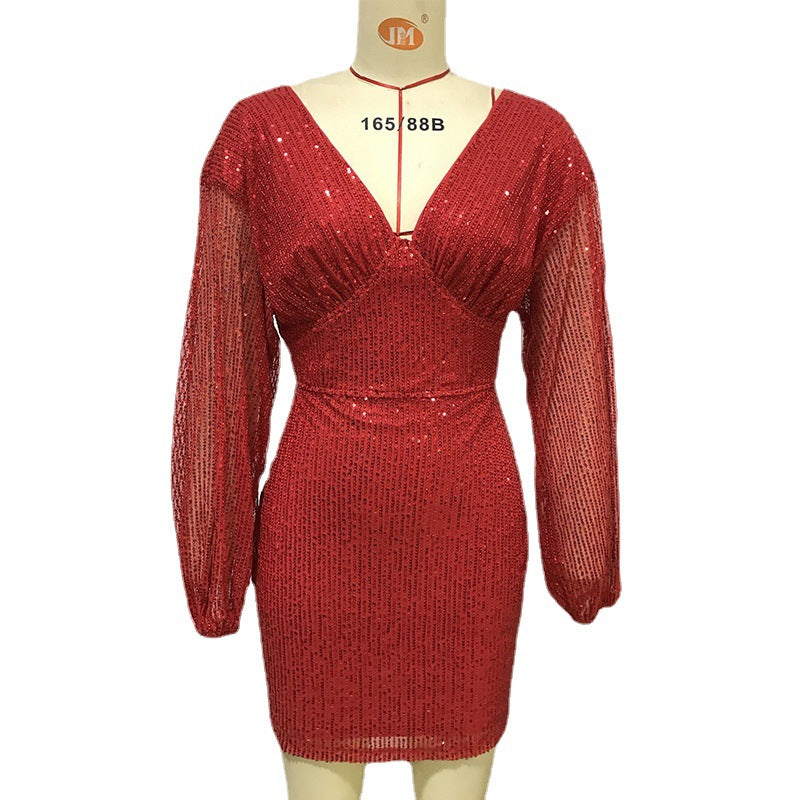 Deep V Neck Gorgeous Sequined  Back Long Sleeved Dress