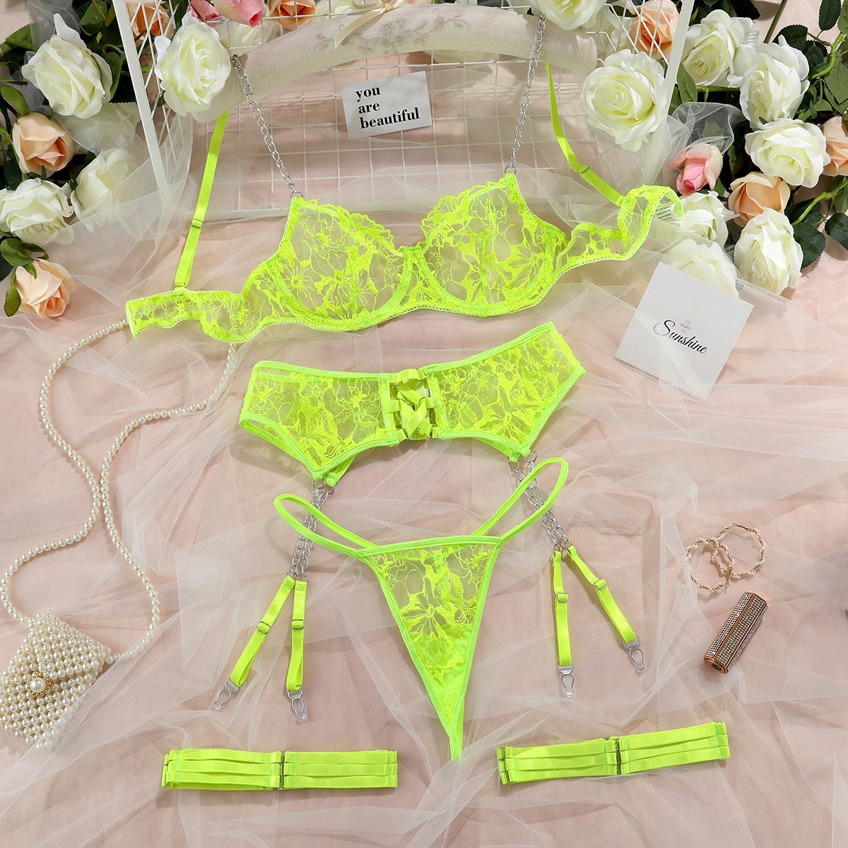 Mesh Embroidery Hanging Chain Hanging Socks Hollow Out Crossover Funny Underwear Set Of 4