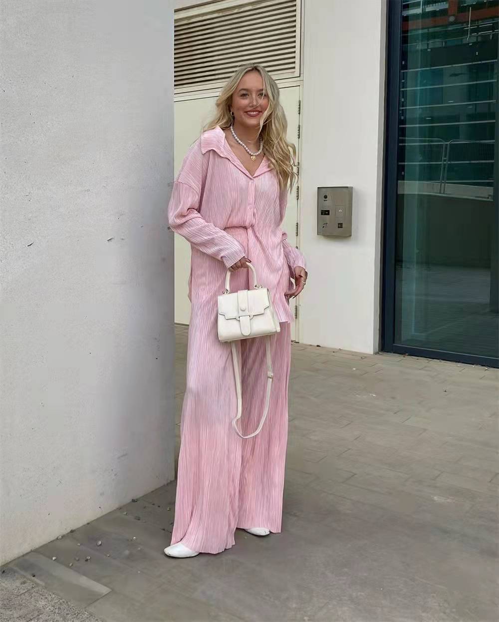 Women's Solid Color Drape Loose Silky Pleated Casual Two-Piece Set