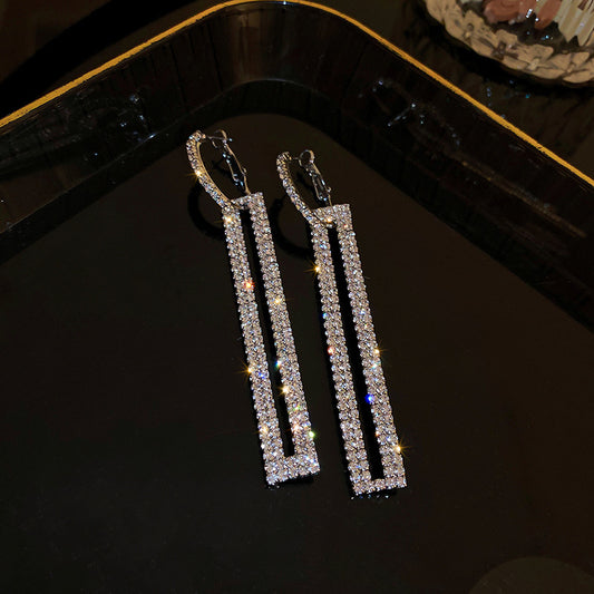 Silver Needle Fashion Diamond Rectangle Earrings Personality