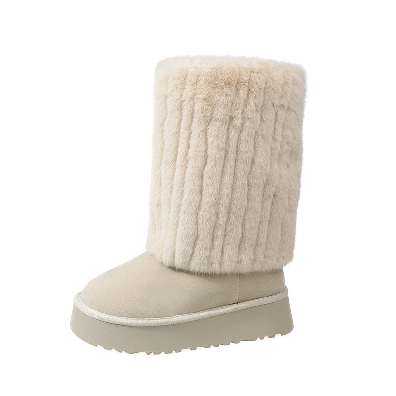 Plush Cute Cream Short Warm Fur Boots Winter Sleeve Platform Height Increasing Shoes