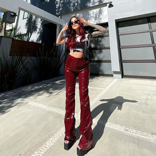 Leather Pants Women's High-waisted Micro-horn Temperament PU Trousers