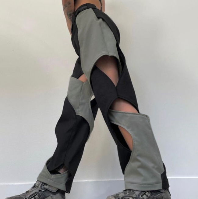 Street Chic Hollow-out Cross Design Contrast Color High Waist Woven Pants