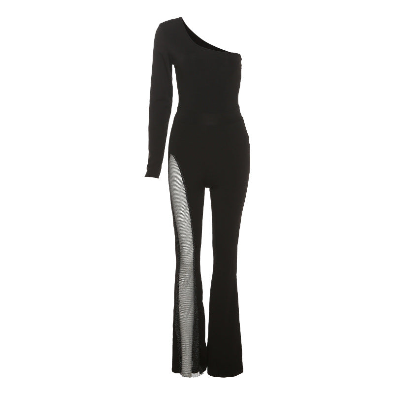 Autumn Women's Fashion One-shoulder Long-sleeved Mesh Jumpsuit