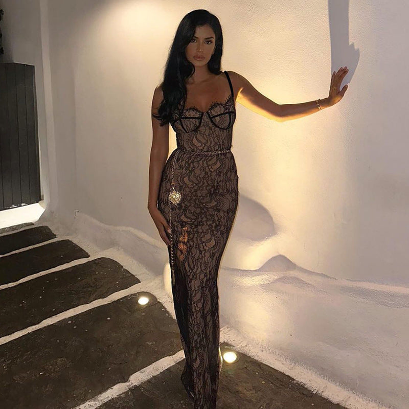 New Lace Splicing Sling Long Dress