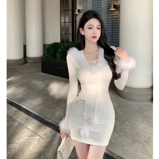 Slim-fit Fur Collar Hooded Bottoming Knitted Bag Hip Skirt