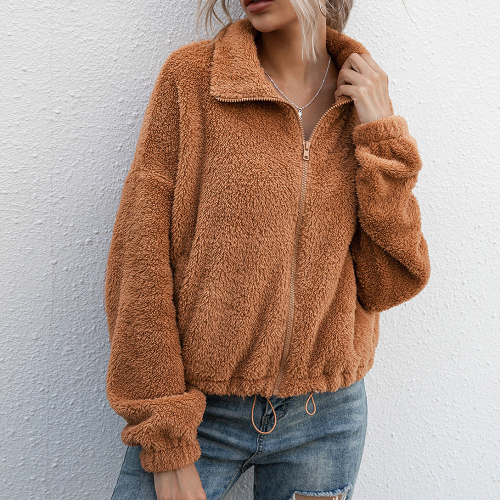 Women's leather bracelet lapel top drawstring sweater coat