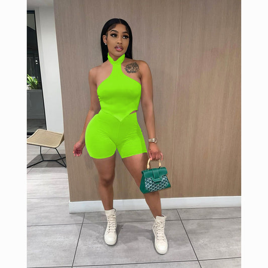 Women's Summer Halter Neck Back Short Sleeve Shorts Suit