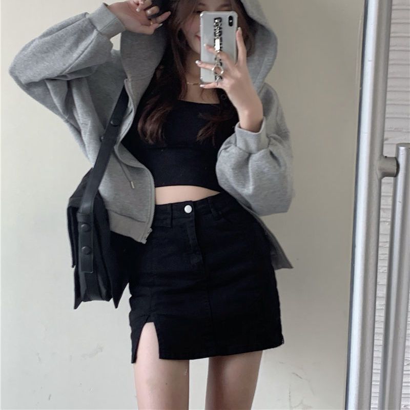 Split High Waisted Slim Denim Skirt
