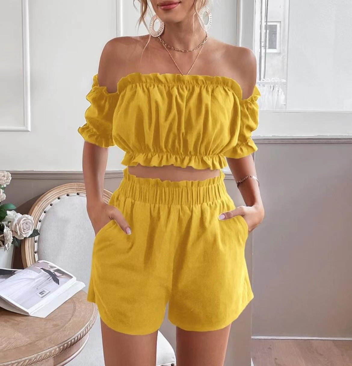 European And American Spring Leisure Solid Color Short Sleeve Set