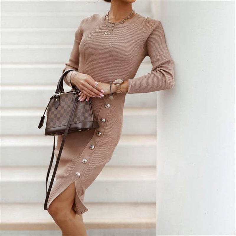 Ladies' Temperament Split Button Knit Skirt