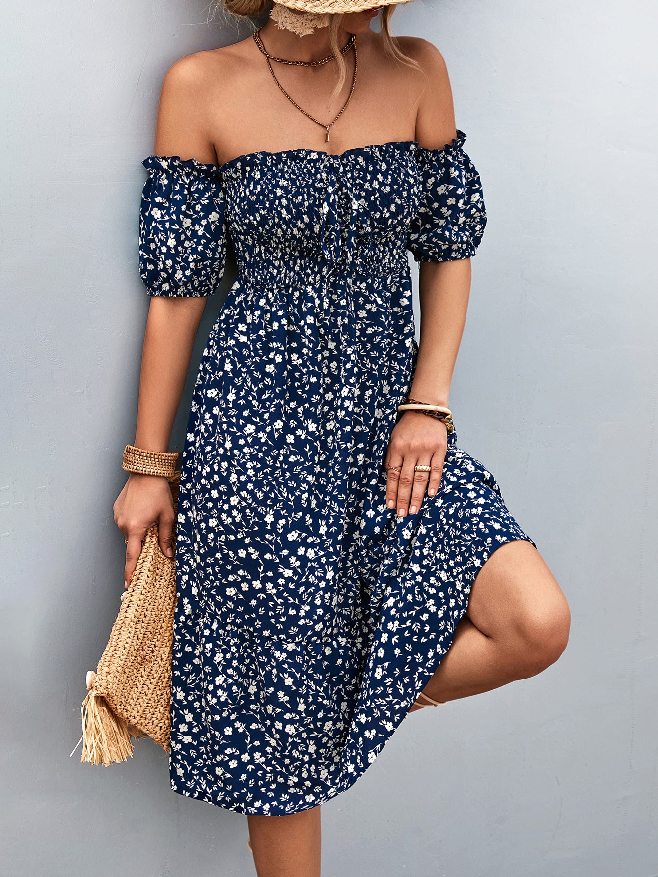 European And American Fashion Ladies New Smocking Ruffled Solid Color Dress