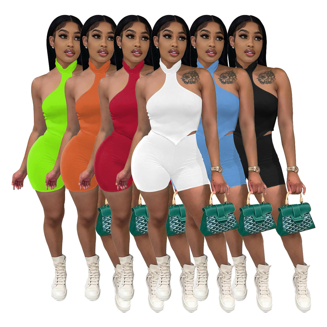 Women's Summer Halter Neck Back Short Sleeve Shorts Suit
