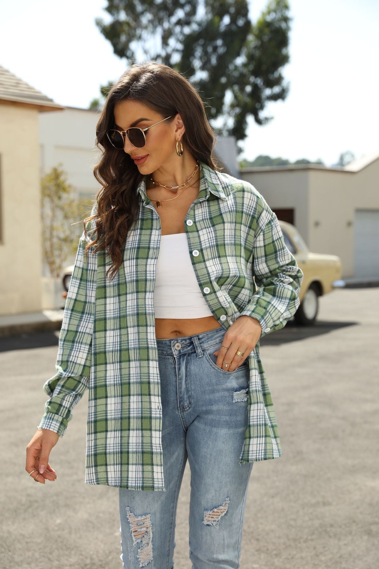 Loose And Slim Lapel Long Sleeved Brushed Plaid Shirt