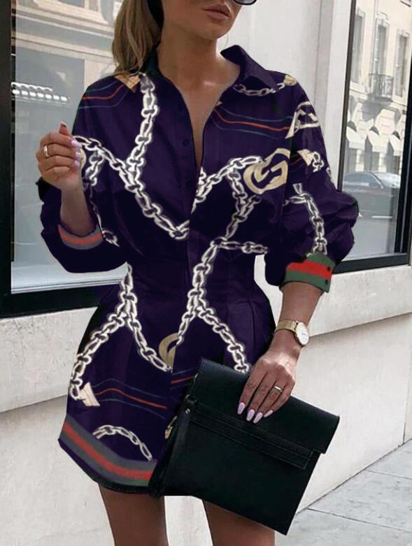 Hot Sale Fashion Print Waist Shirt Lantern Sleeve Shirt Women