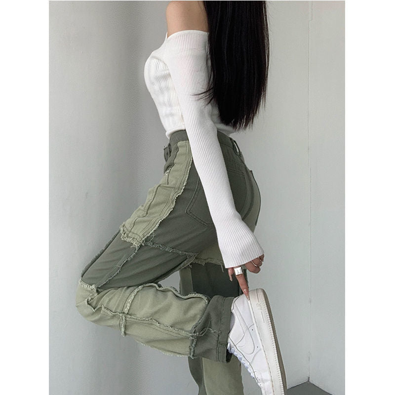 Stitching Contrast Color High Waist Straight Jeans Trendy Women