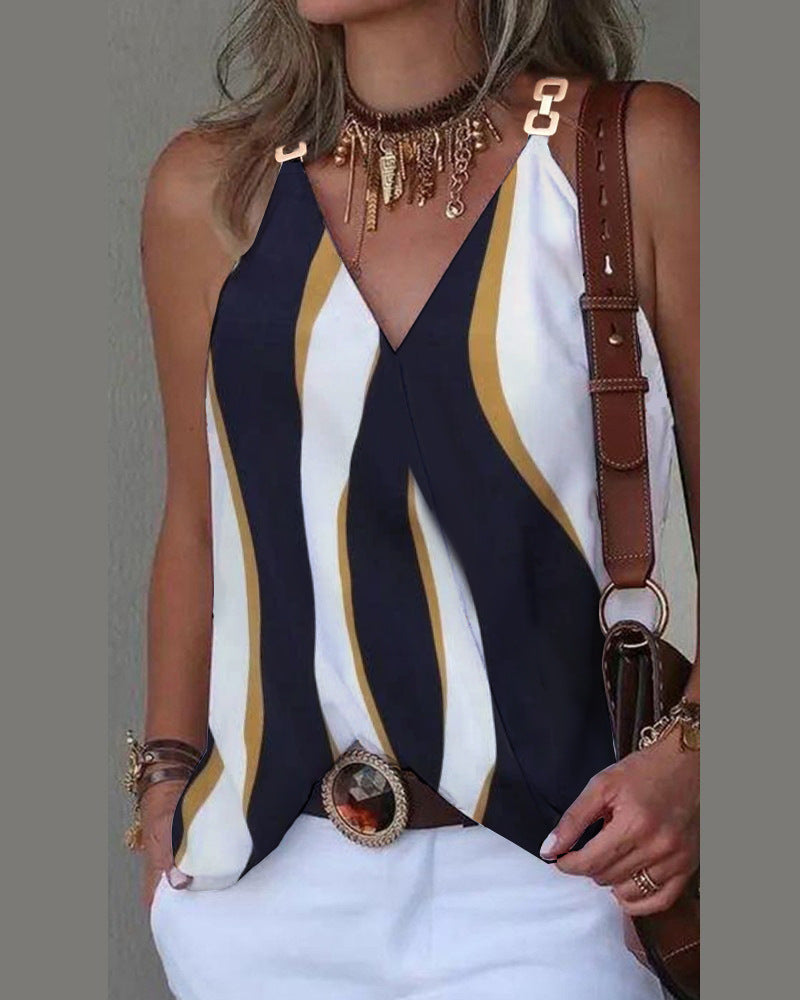 Women's Simple V-neck Metal Buckle Printed Vest