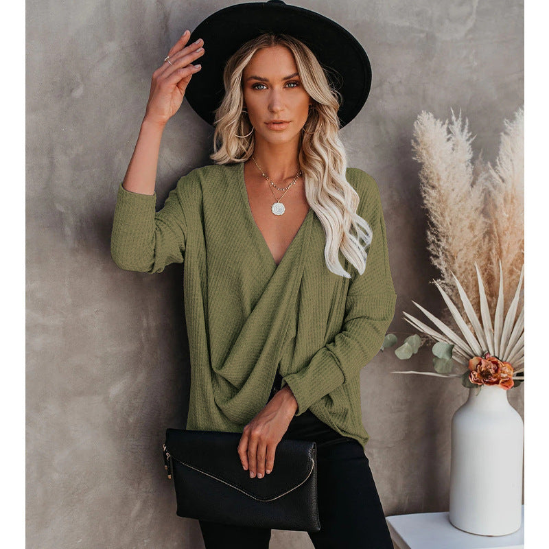 Casual Solid Color Long Sleeve V-Neck T-Shirt Top