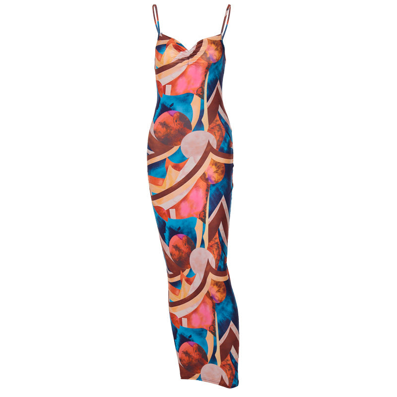 European And American New Fashion Print Sexy Halter Strap Dress
