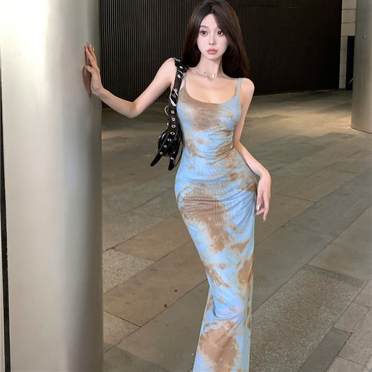 Women's Waist Tie Dye Suspender Dress