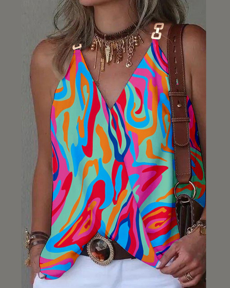Women's Simple V-neck Metal Buckle Printed Vest