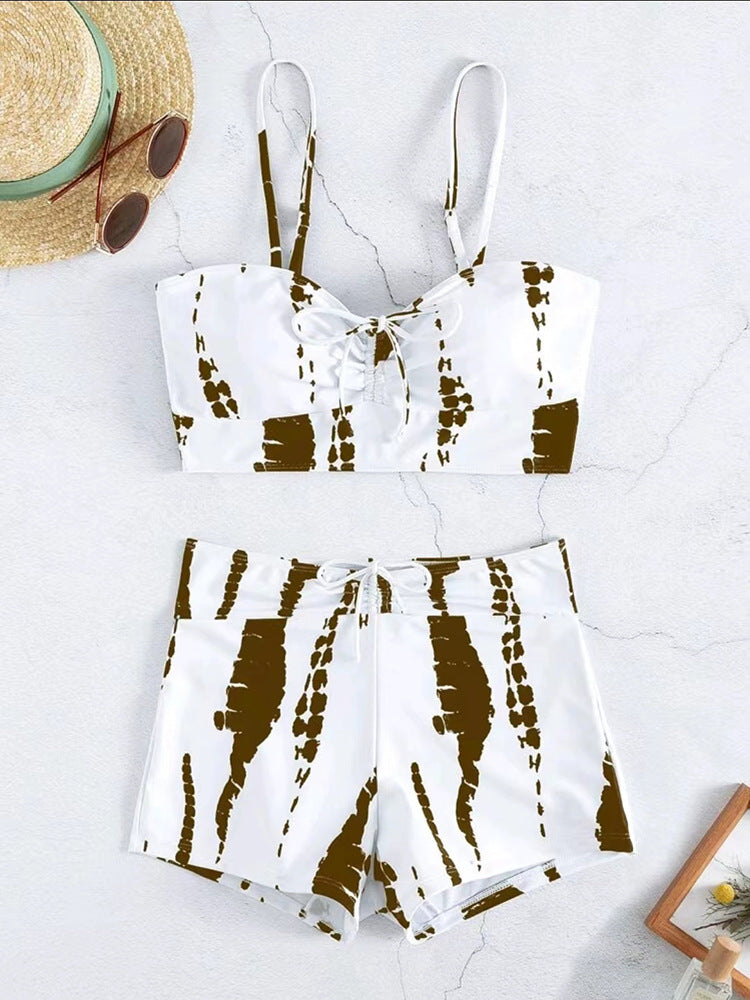 European And American Split High Waist Boxer Lace Printing Swimsuit
