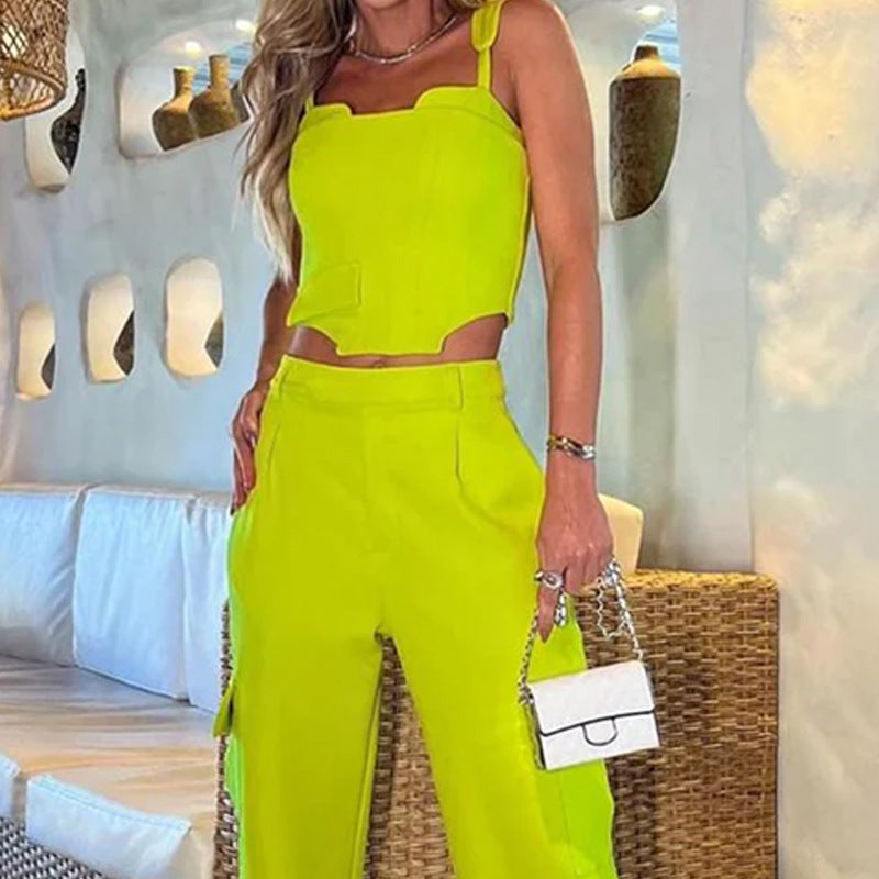 Women's Loose Fitting Straight Leg Pants Solid Color Two-piece Set