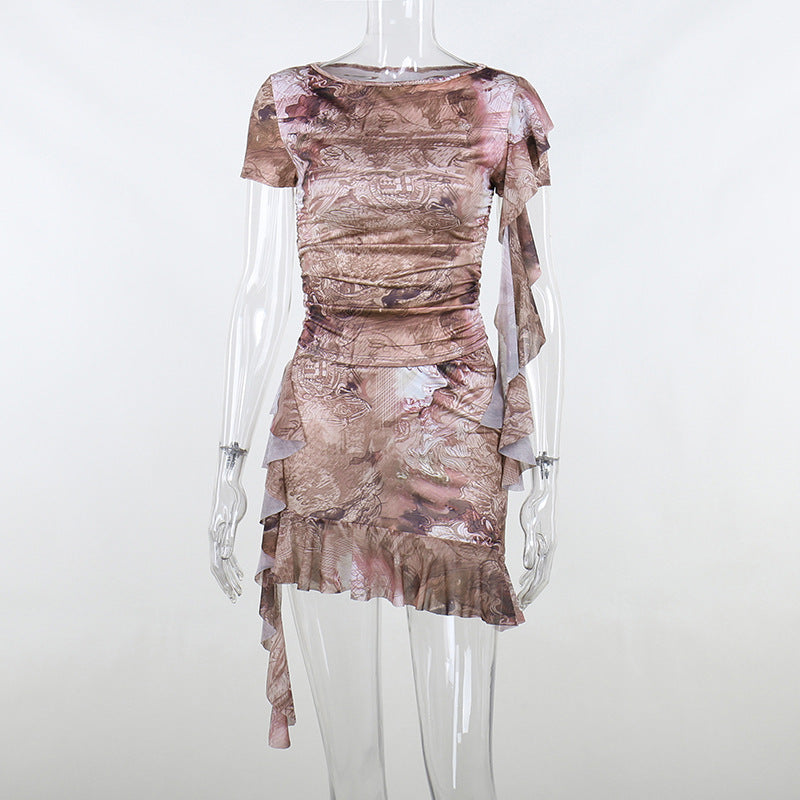 European And American Ruffled Round Neck Printing Short Sleeve