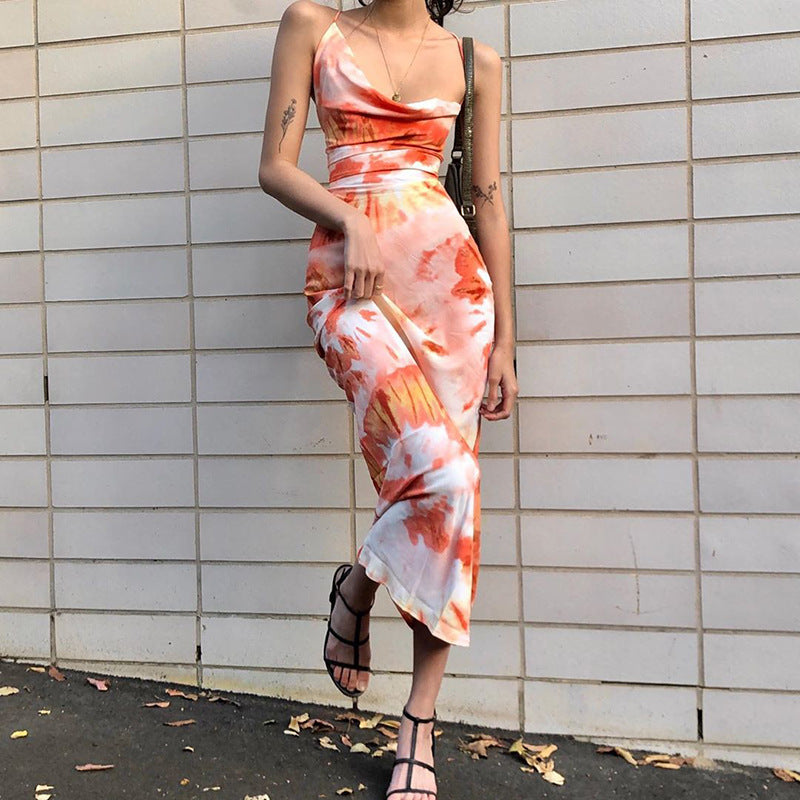 Autumn Foreign Trade Women's Clothing Fashion Printed Loose Back Rope Halter Long Dress