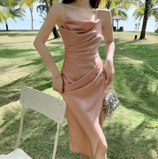 Tea Break Pleated Slit Suspender Long Skirt