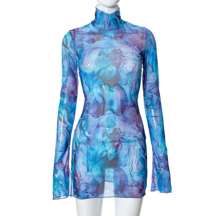 Mesh Floral Print Round-neck Flared Sleeves Side Open Sheath Dress