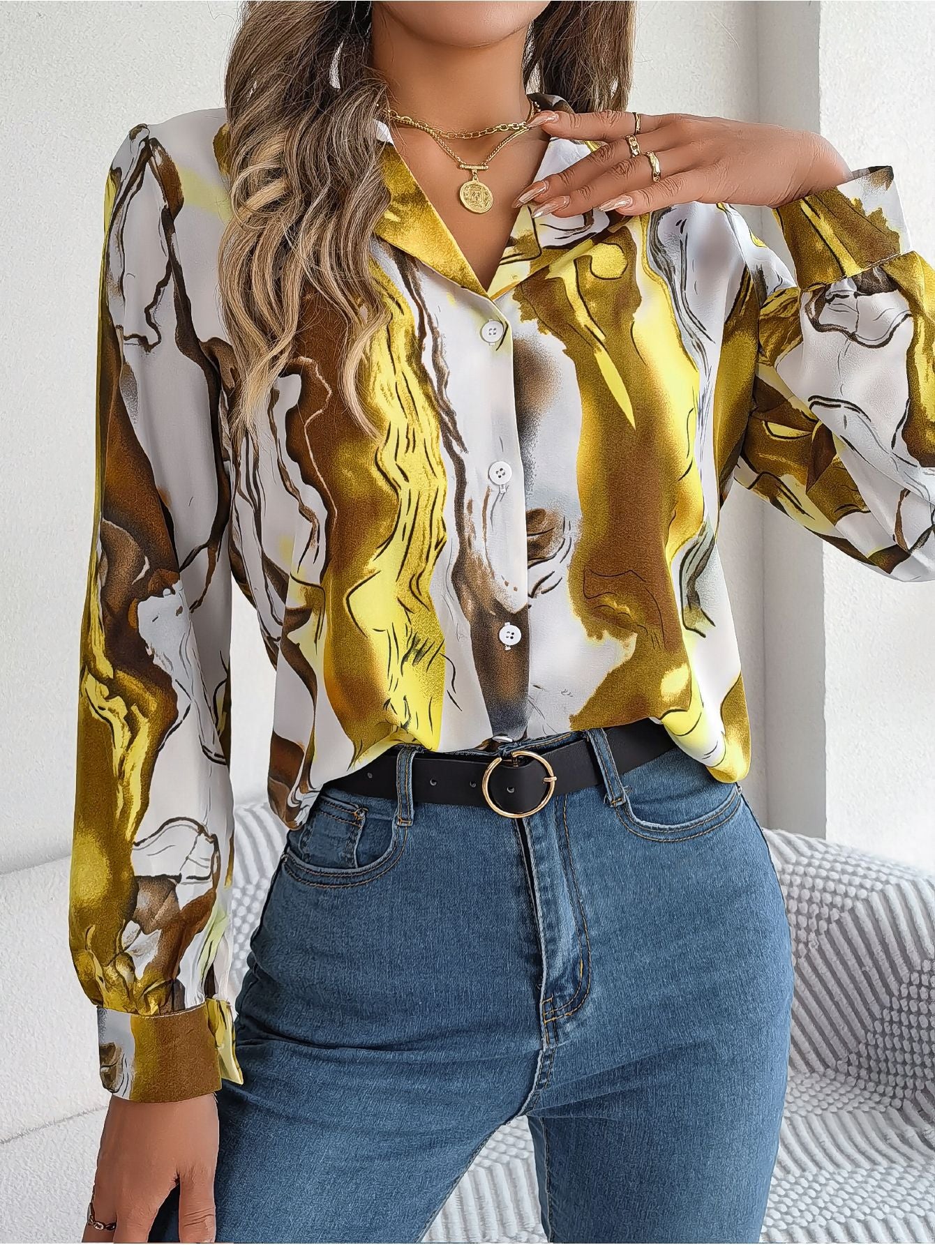 Casual Contrast Color Striped Shirt Suit Collar Long Sleeve Shirt
