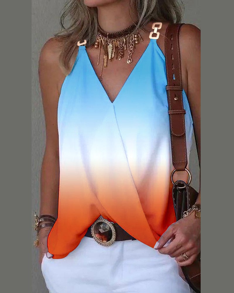 Women's Simple V-neck Metal Buckle Printed Vest