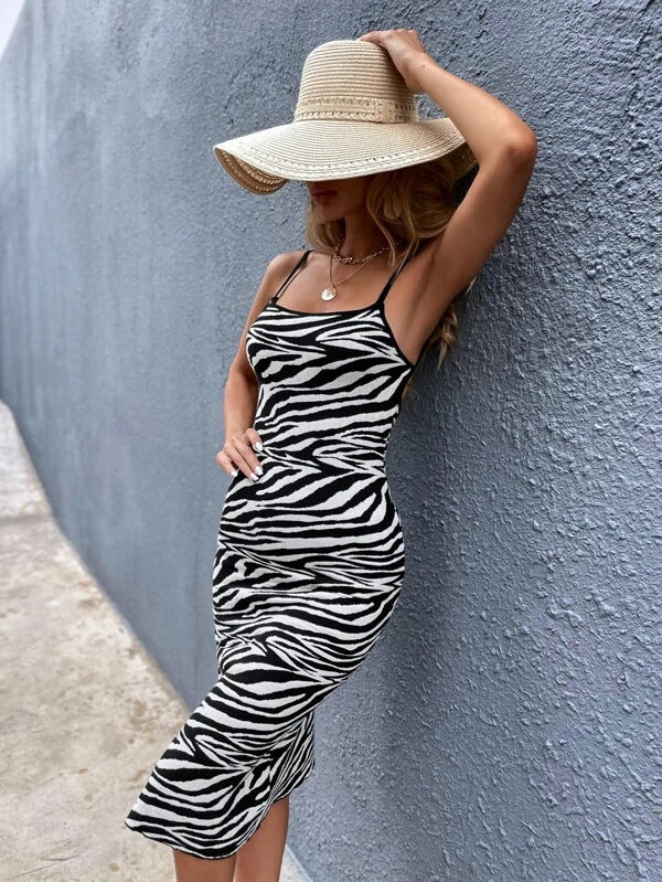 Mid-length Strap Ink Pattern Dress