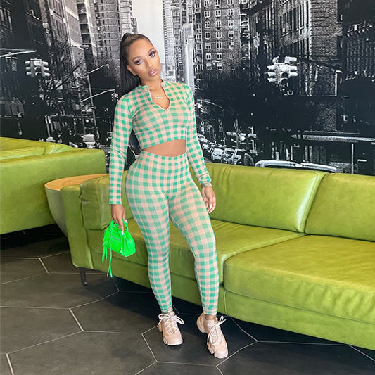 Zip Long Sleeve Sports Cropped Navel Slim Top Trousers Set