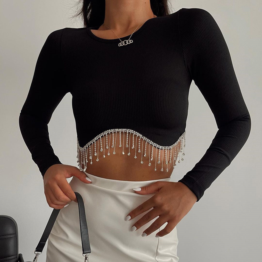 Womens Nashville Sparkly Rhinestone Fringe Long Sleeve Crop Tops Y2K Raceback Ribbed Cropped Tank Tops With Glitter Tassel