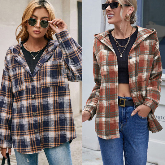 Loose Casual Long-sleeved Single-breasted Check Hooded Jacket