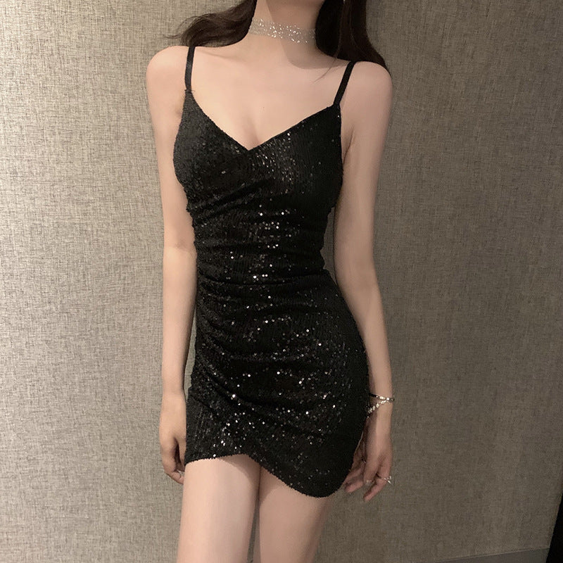 Women's Sparkling Sequined Waist Fit Sling Dress