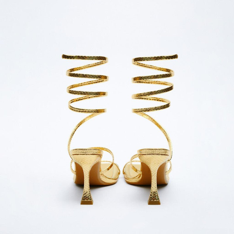 Women's Shoes Black Gold Spiral Strap Fashion High Heel