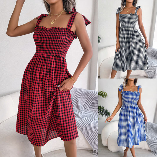 Casual Lace Up Color-contrast Check Skirt Mid-length Dress