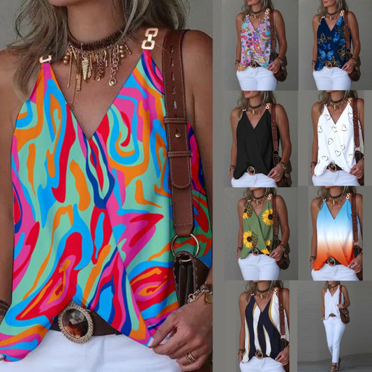 Women's Simple V-neck Metal Buckle Printed Vest