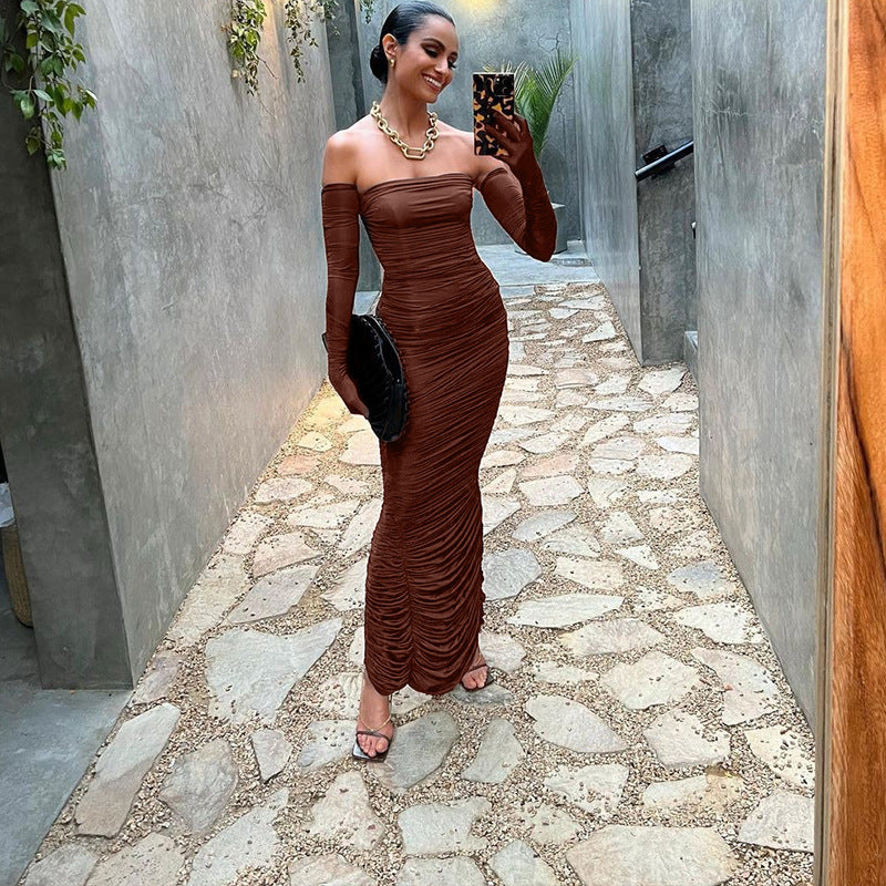 Women's Long Sleeve Slim Pleated Dress